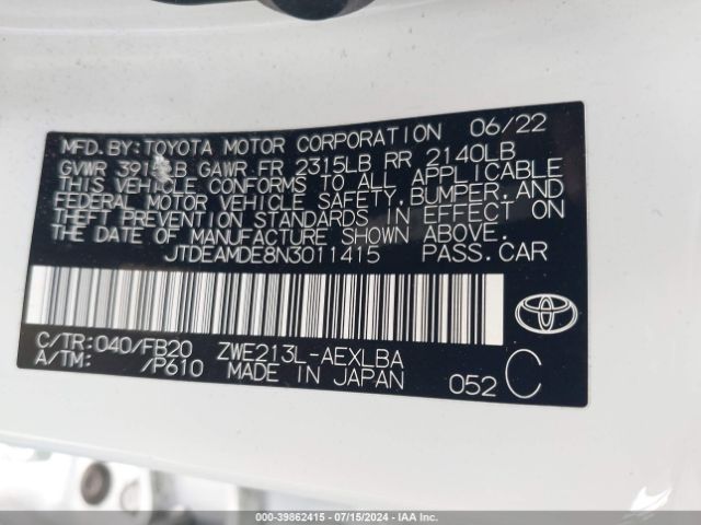 Photo 8 VIN: JTDEAMDE8N3011415 - TOYOTA COROLLA 