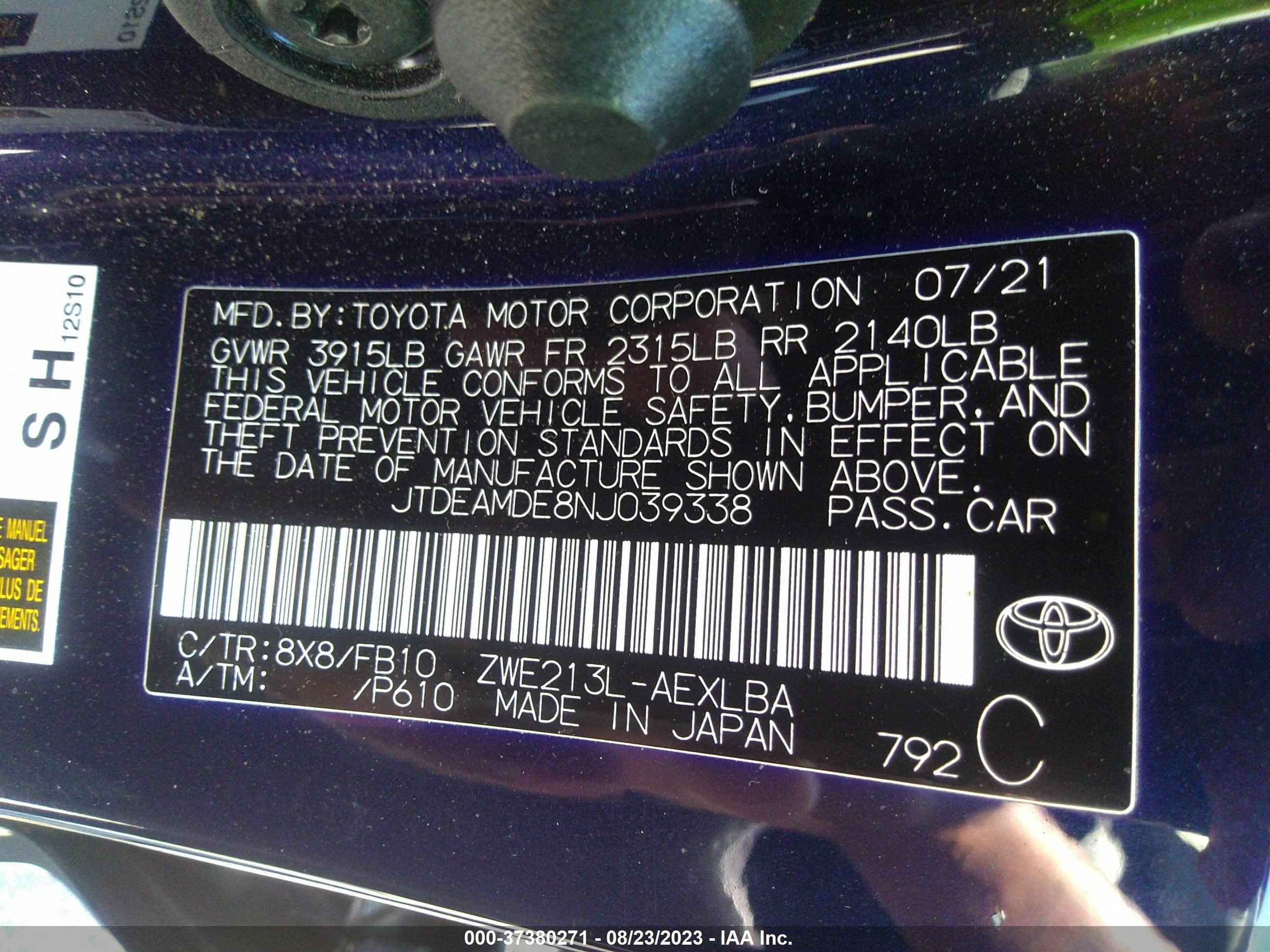 Photo 8 VIN: JTDEAMDE8NJ039338 - TOYOTA COROLLA 