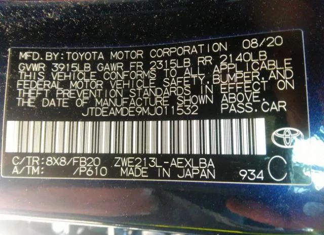 Photo 8 VIN: JTDEAMDE9MJ011532 - TOYOTA COROLLA 