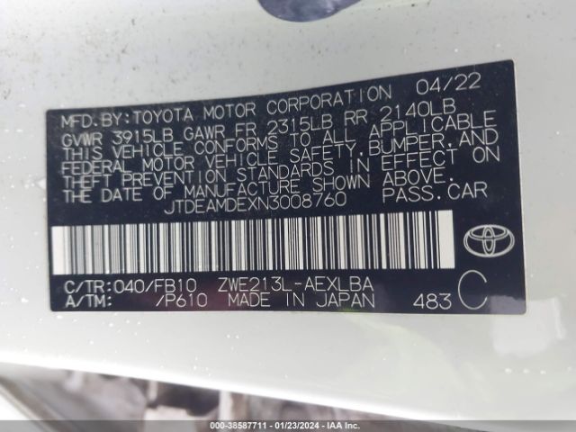 Photo 8 VIN: JTDEAMDEXN3008760 - TOYOTA COROLLA 