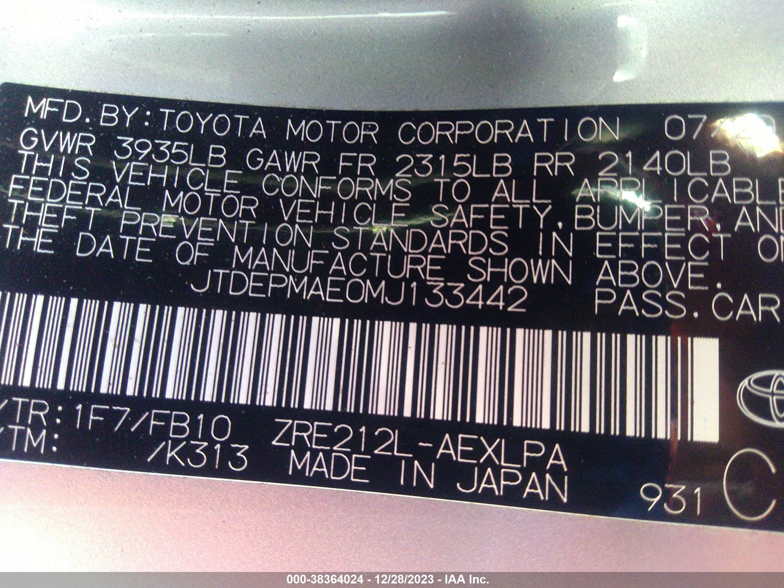 Photo 8 VIN: JTDEPMAE0MJ133442 - TOYOTA COROLLA 