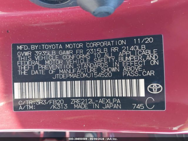 Photo 8 VIN: JTDEPMAE0MJ154520 - TOYOTA COROLLA 