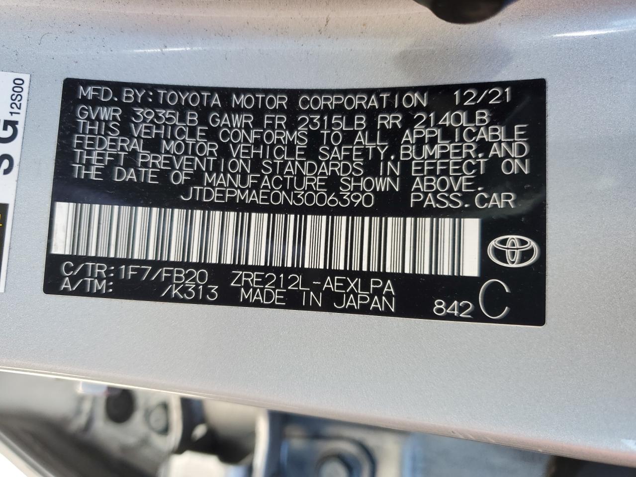 Photo 12 VIN: JTDEPMAE0N3006390 - TOYOTA COROLLA 