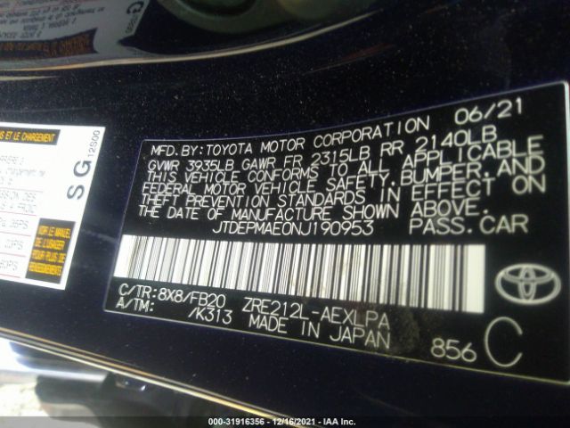 Photo 8 VIN: JTDEPMAE0NJ190953 - TOYOTA COROLLA 