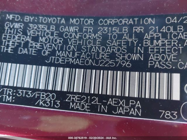 Photo 8 VIN: JTDEPMAE0NJ225796 - TOYOTA COROLLA 