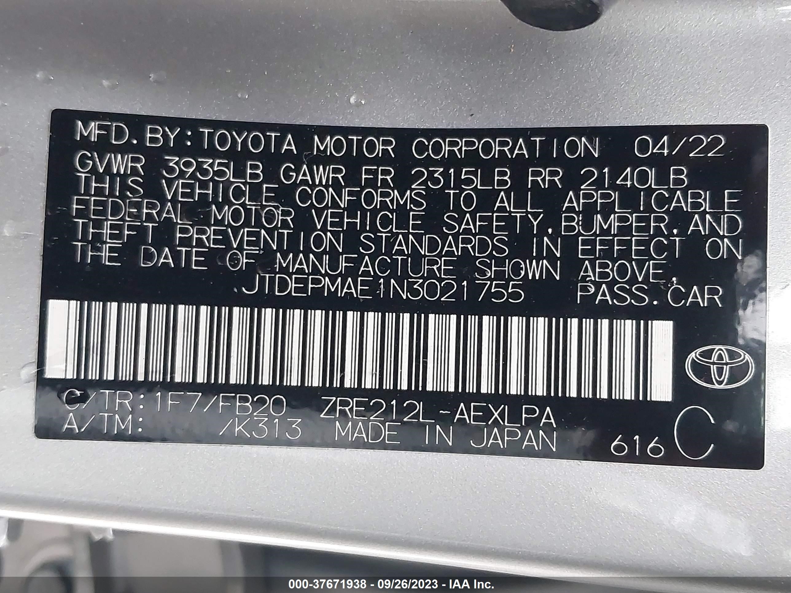 Photo 8 VIN: JTDEPMAE1N3021755 - TOYOTA COROLLA 