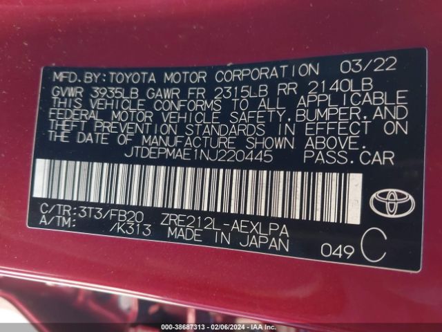 Photo 8 VIN: JTDEPMAE1NJ220445 - TOYOTA COROLLA 