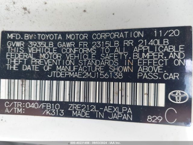 Photo 8 VIN: JTDEPMAE2MJ156138 - TOYOTA COROLLA 