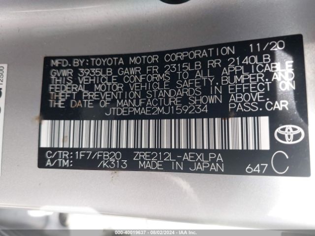 Photo 8 VIN: JTDEPMAE2MJ159234 - TOYOTA COROLLA 