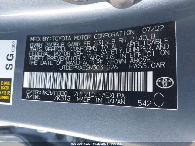 Photo 8 VIN: JTDEPMAE2N3031226 - TOYOTA COROLLA 