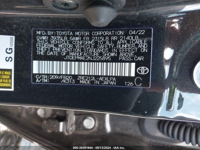 Photo 8 VIN: JTDEPMAE2NJ225895 - TOYOTA COROLLA 