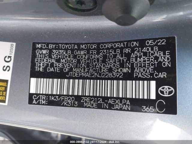 Photo 8 VIN: JTDEPMAE2NJ228392 - TOYOTA COROLLA 