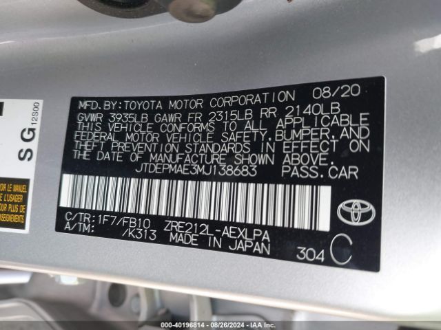 Photo 8 VIN: JTDEPMAE3MJ138683 - TOYOTA COROLLA 