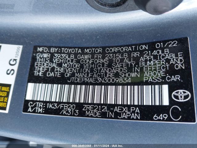 Photo 8 VIN: JTDEPMAE3N3009834 - TOYOTA COROLLA 