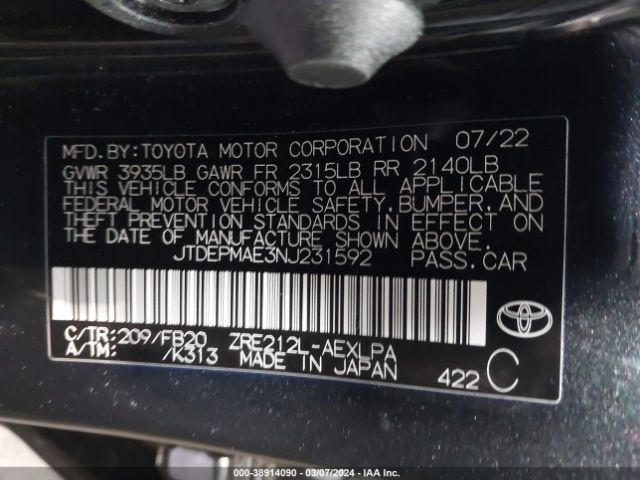 Photo 8 VIN: JTDEPMAE3NJ231592 - TOYOTA COROLLA 