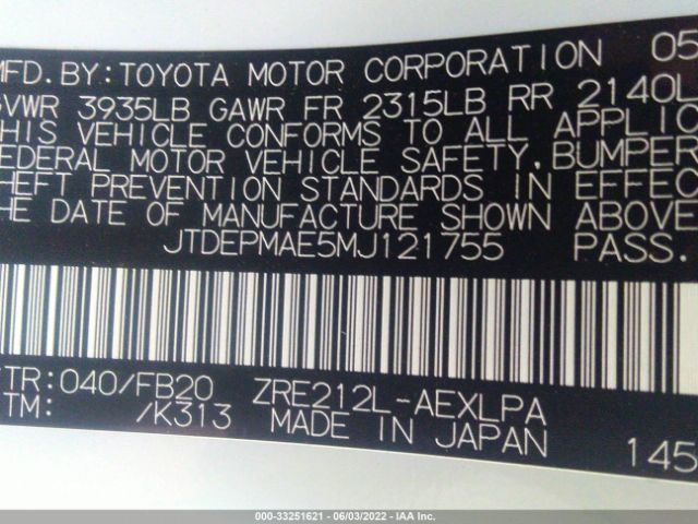 Photo 8 VIN: JTDEPMAE5MJ121755 - TOYOTA COROLLA 