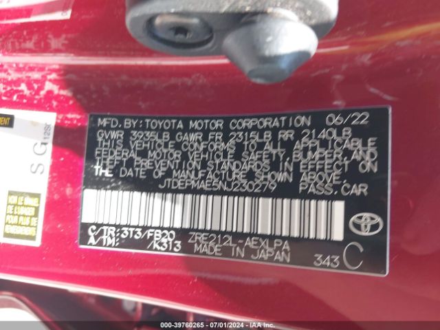 Photo 8 VIN: JTDEPMAE5NJ230279 - TOYOTA COROLLA 