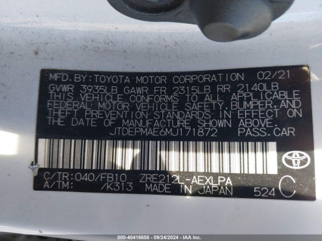 Photo 8 VIN: JTDEPMAE6MJ171872 - TOYOTA COROLLA 