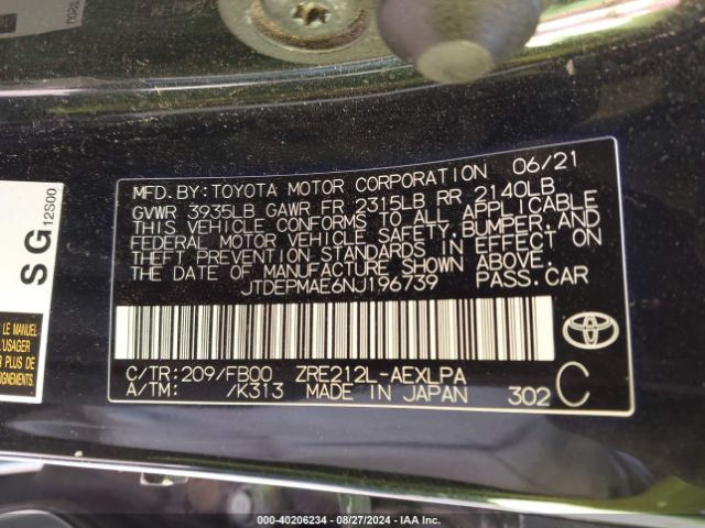 Photo 8 VIN: JTDEPMAE6NJ196739 - TOYOTA COROLLA 