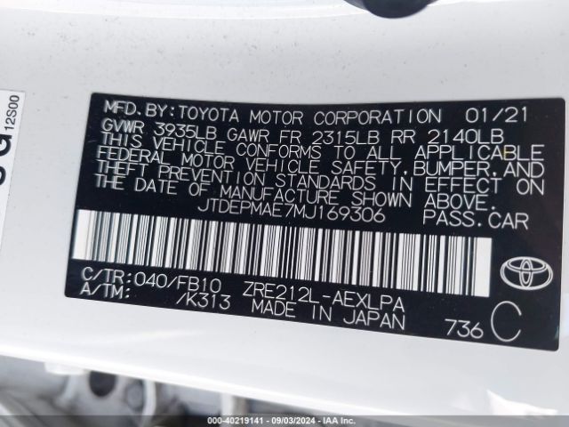 Photo 8 VIN: JTDEPMAE7MJ169306 - TOYOTA COROLLA 