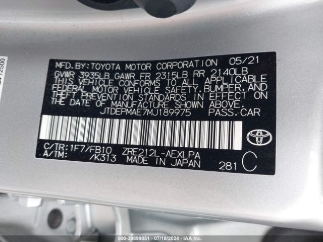 Photo 8 VIN: JTDEPMAE7MJ189975 - TOYOTA COROLLA 