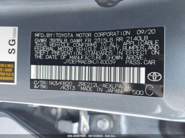 Photo 8 VIN: JTDEPMAE8MJ140039 - TOYOTA COROLLA 