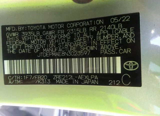 Photo 8 VIN: JTDEPMAE8N3023597 - TOYOTA COROLLA 