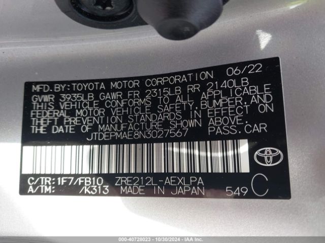 Photo 8 VIN: JTDEPMAE8N3027567 - TOYOTA COROLLA 