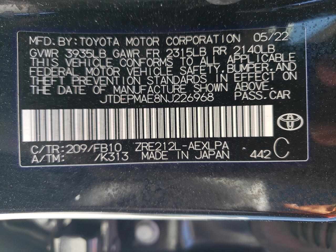 Photo 11 VIN: JTDEPMAE8NJ226968 - TOYOTA COROLLA 