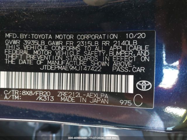 Photo 8 VIN: JTDEPMAE9MJ147422 - TOYOTA COROLLA 