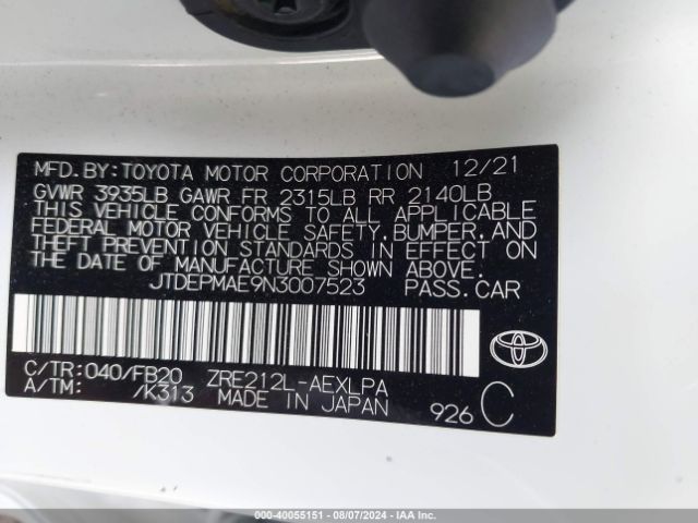 Photo 8 VIN: JTDEPMAE9N3007523 - TOYOTA COROLLA 