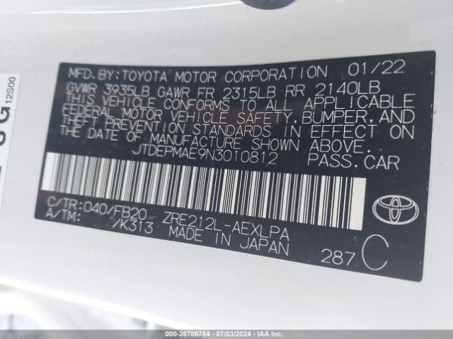 Photo 8 VIN: JTDEPMAE9N3010812 - TOYOTA COROLLA 