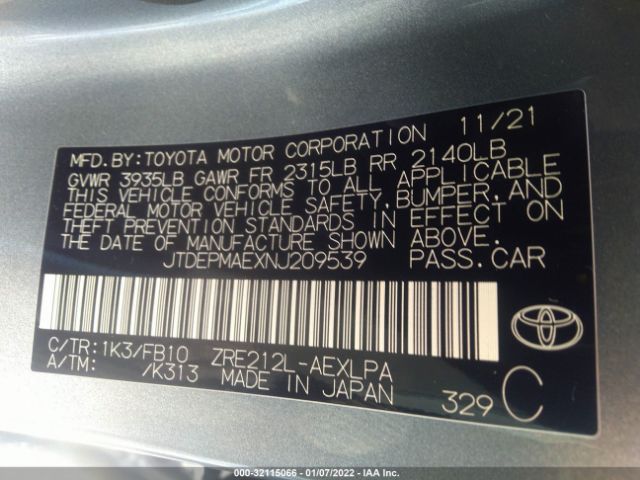 Photo 8 VIN: JTDEPMAEXNJ209539 - TOYOTA COROLLA 