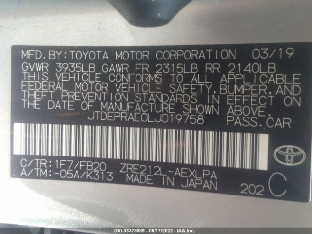 Photo 8 VIN: JTDEPRAE0LJ019758 - TOYOTA COROLLA 