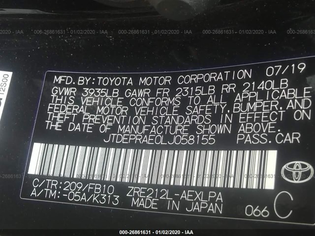 Photo 8 VIN: JTDEPRAE0LJ058155 - TOYOTA COROLLA 