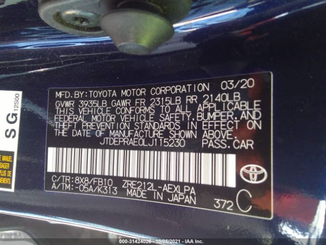 Photo 8 VIN: JTDEPRAE0LJ115230 - TOYOTA COROLLA 