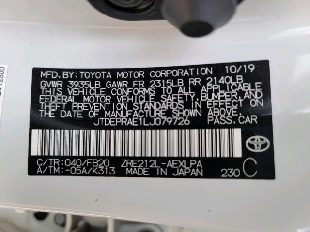 Photo 9 VIN: JTDEPRAE1LJ079726 - TOYOTA COROLLA LE 