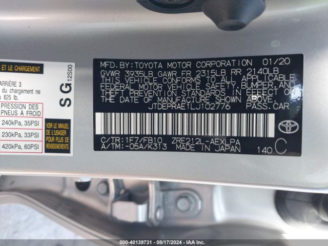 Photo 8 VIN: JTDEPRAE1LJ102776 - TOYOTA COROLLA 