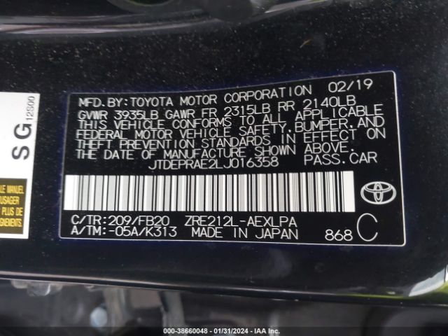 Photo 8 VIN: JTDEPRAE2LJ016358 - TOYOTA COROLLA 