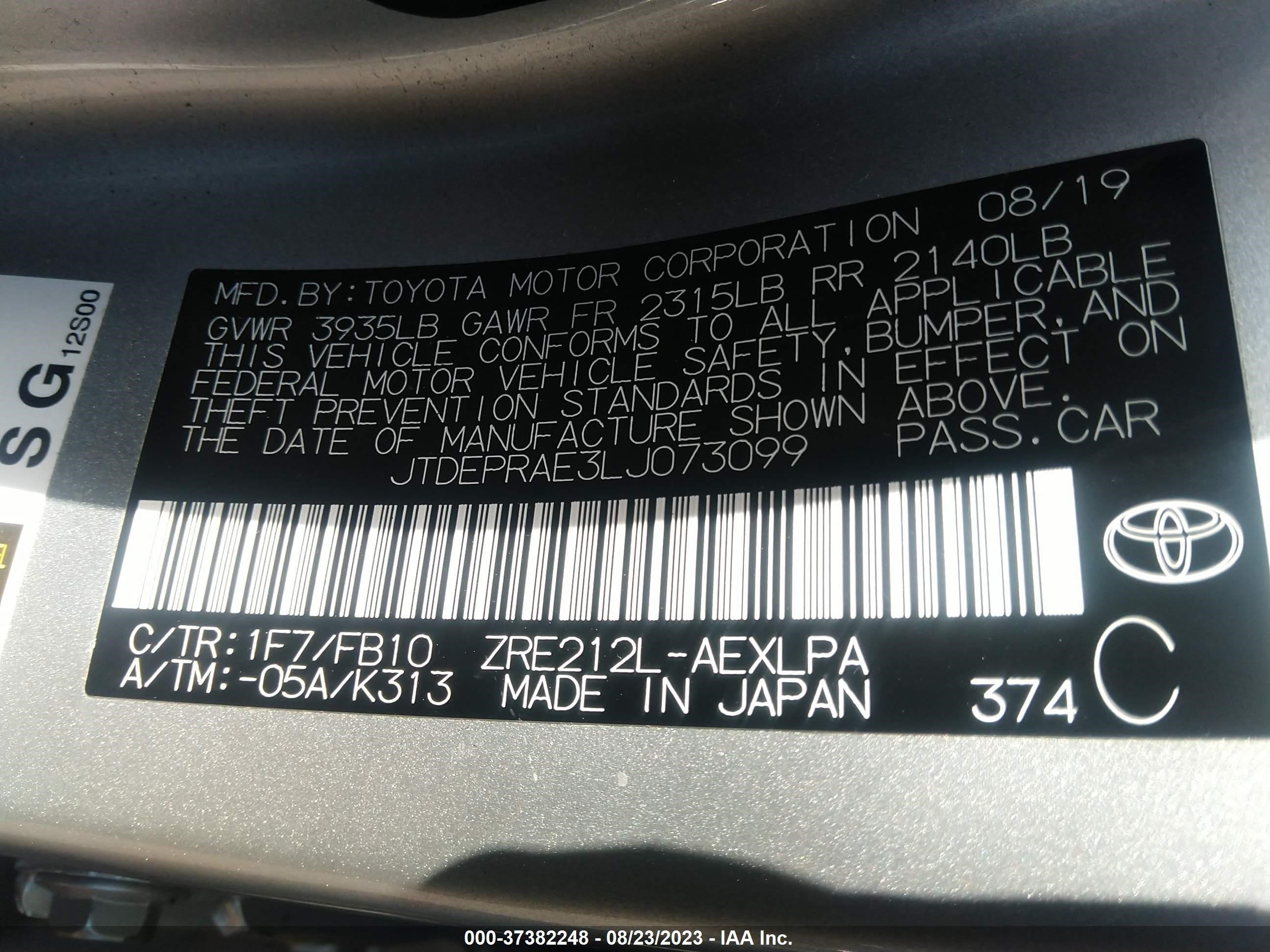 Photo 8 VIN: JTDEPRAE3LJ073099 - TOYOTA COROLLA 