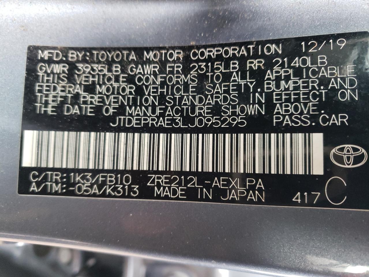 Photo 11 VIN: JTDEPRAE3LJ095295 - TOYOTA COROLLA 