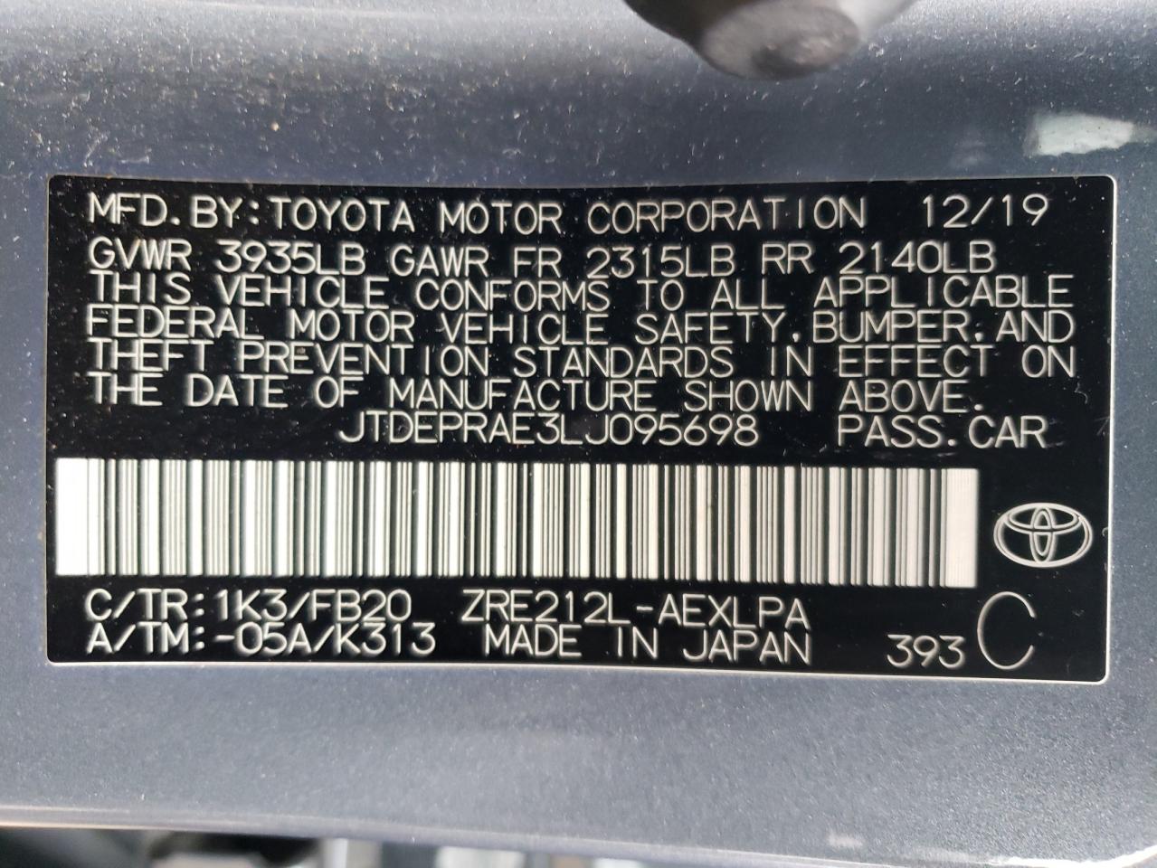 Photo 11 VIN: JTDEPRAE3LJ095698 - TOYOTA COROLLA 