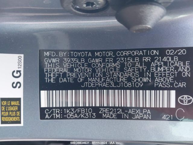 Photo 8 VIN: JTDEPRAE3LJ108109 - TOYOTA COROLLA 