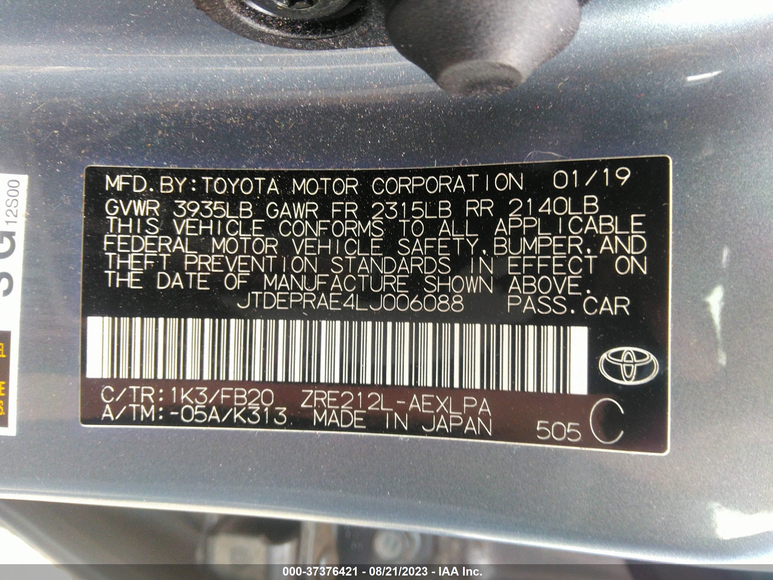 Photo 8 VIN: JTDEPRAE4LJ006088 - TOYOTA COROLLA 