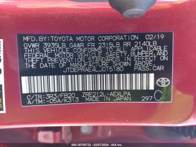 Photo 8 VIN: JTDEPRAE4LJ015180 - TOYOTA COROLLA 