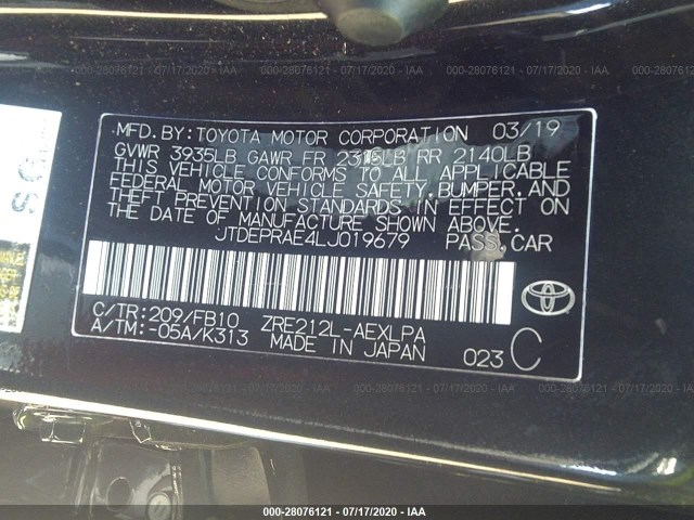 Photo 8 VIN: JTDEPRAE4LJ019679 - TOYOTA COROLLA 