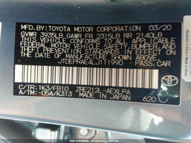 Photo 8 VIN: JTDEPRAE4LJ111990 - TOYOTA COROLLA 