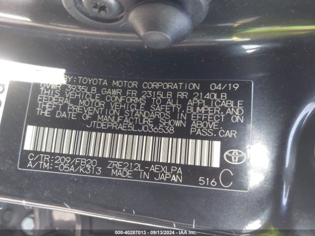 Photo 8 VIN: JTDEPRAE5LJ036538 - TOYOTA COROLLA 