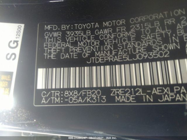 Photo 8 VIN: JTDEPRAE5LJ093502 - TOYOTA COROLLA 