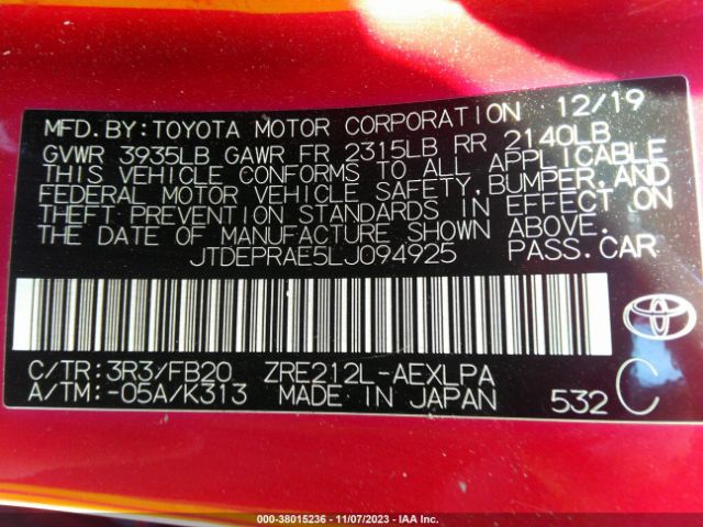 Photo 8 VIN: JTDEPRAE5LJ094925 - TOYOTA COROLLA 